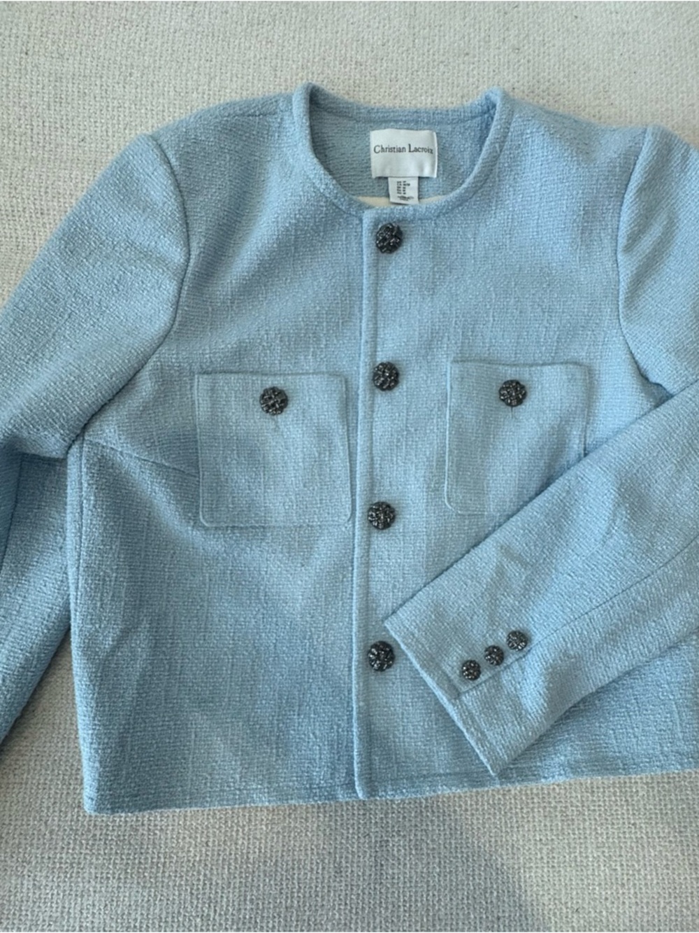Christian Lacroix Light Blue Tweed Cropped Jacket with Decorative Buttons